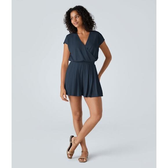 Halara V Neck Short Sleeve Stretch Waffle Casual Jumpsuit Charm Ink Blue S - Picture 1 of 7